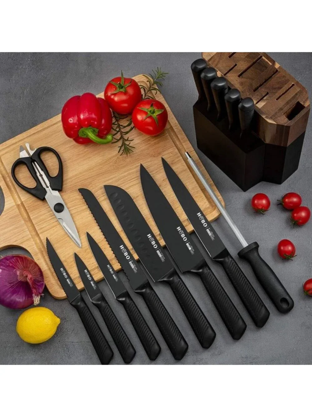 15-Piece Stainless Steel Knife Block Set - Professional Kitchen Cutlery Set